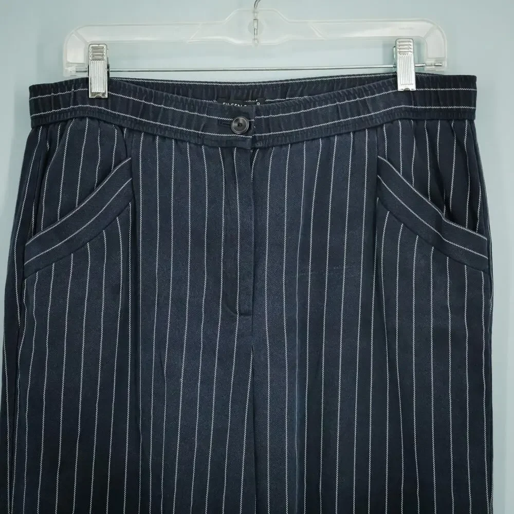 Eileen Fisher Size Small S Navy Blue Pinstripe Stripe Print Straight Leg Pants - Picture 3 of 7